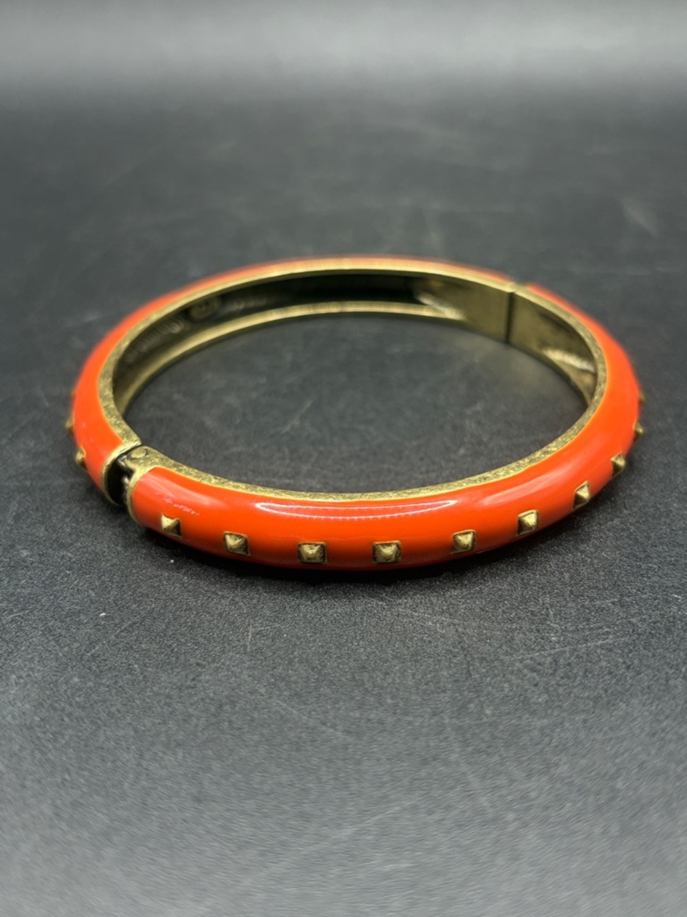 Signed Pyramid Stud Orange Toned Enamel Hinged Bracelet Bangle Jewelry Accessory